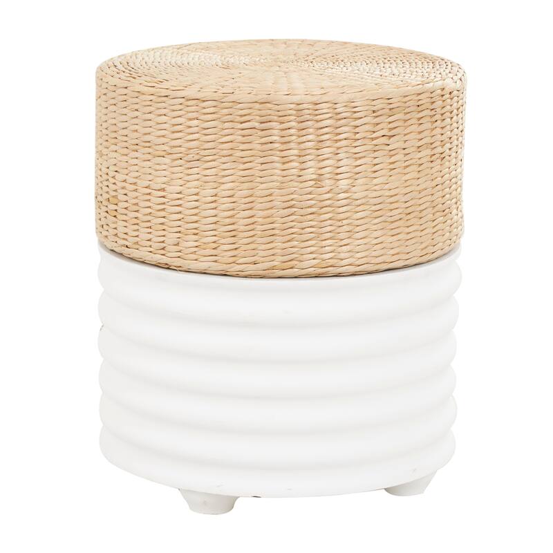 White or Black Wooden Handmade Woven Two-Toned Geometric Stool with Seagrass Top