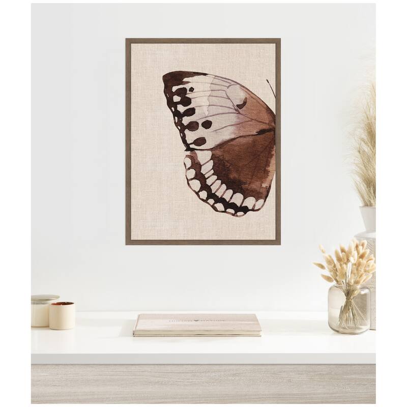 Kate and Laurel Sylvie Retro Butterfly Watercolor Diptych Neutral Burlap Left Framed Canvas by The Creative Bunch Studio