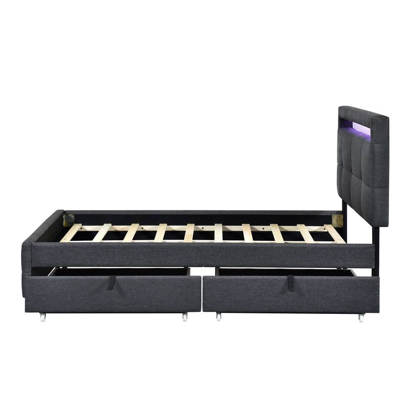 Twin Size Upholstered Platform Bed with LED Frame and 2 Drawers