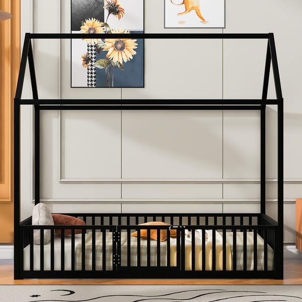 slide 2 of 13, Toddler Floor Bed Twin House Bed with Full Length Guardrail and A Little Door, Kids Safety House Bed (No Box Spring Needed) Black - Twin