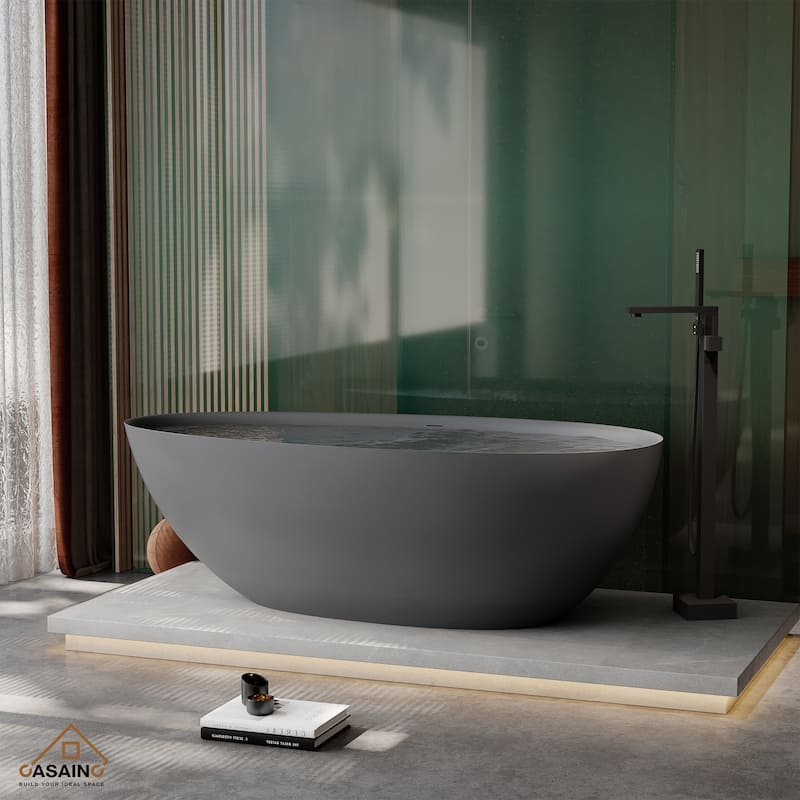 67" Solid Surface Freestanding Bathtub in Matte White/Black/Grey