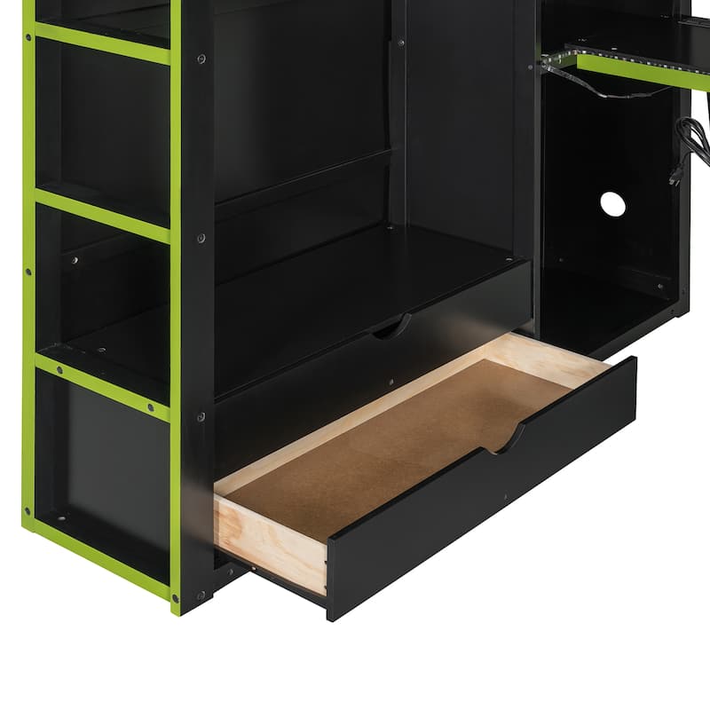 Full Size Wood Loft Bed with Desk & Wardrobe - Ample Storage and RGB Light