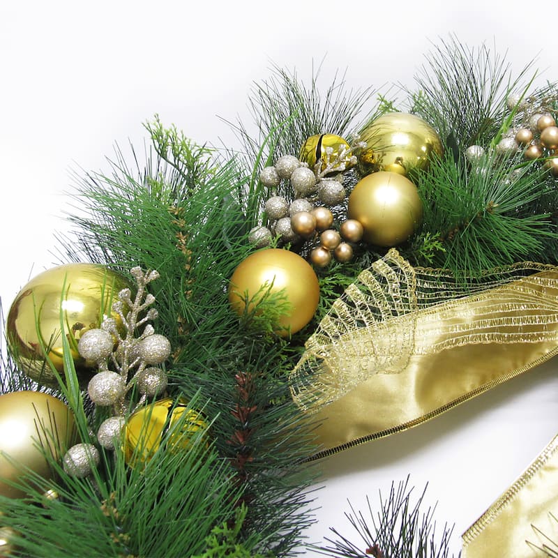 Deluxe Gold Artificial Ornament Bell Berry & Pine Christmas Wreath 24in - 24" L x 24" W x 6" DP