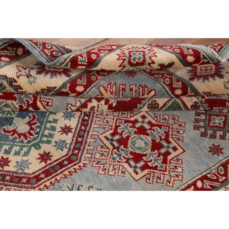Light Blue Geometric Kazak Area Bedroom Rug Hand-Knotted Wool Carpet - 5'0" x 7'3"