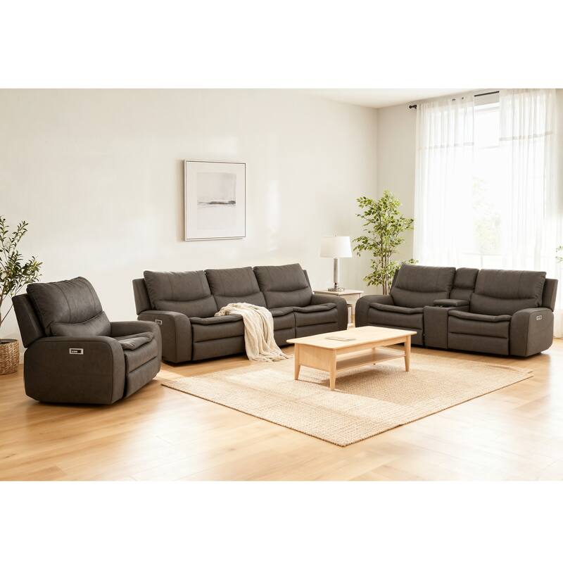 3-Piece Faux Leather Sofa Set with Double Width Seat, Power Recliner, Loveseat & Sofa, Wireless charging and Reading Lamp