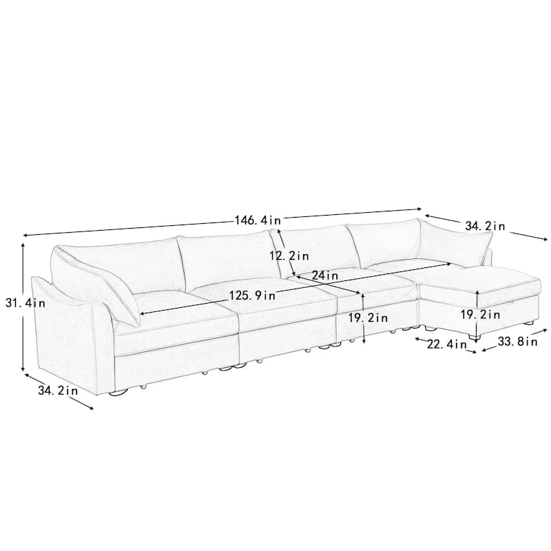 L-Shaped 4-Deep Seater Sectional Sofa Couch with 1 Movable Storage Ottoman & Pull out Drawers Under Each Seat