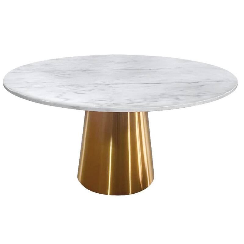 HomeRoots 54" Gray White and Gold Marble and Metal Pedestal Base Round Top Dining Table - 54.00 in. x 30.00 in. x 54.00 in.