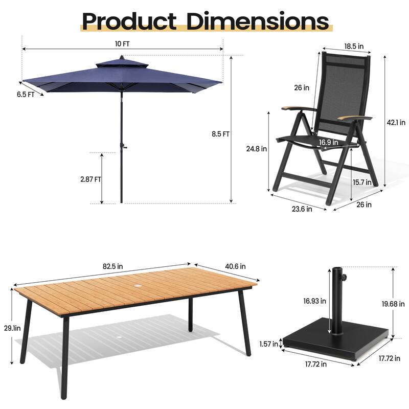 11PC Outdoor Patio Dining Set Wood-Like Aluminum Umbrella Hole Table with Folding Chairs,Double Top Market Umbrella and Base