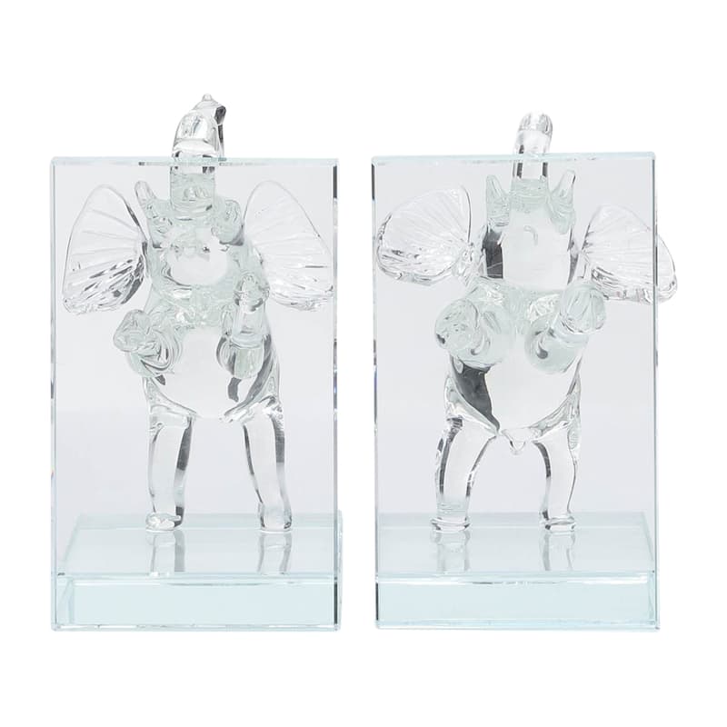 Set of 2 Clear Frosted Elephant Bookends - Contemporary Crystal 5" Standing Elephant Bookends For Home or Office Book