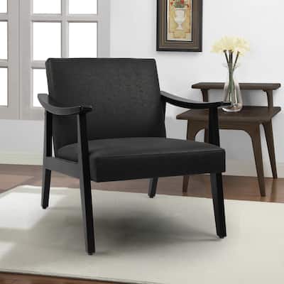 Faux Leather Accent Chair Solid Wood Armchair in Black Finish