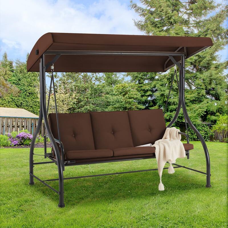 3-Seat Metal Patio Swing, Outdoor Porch Swing Glider with Cushions - Brown