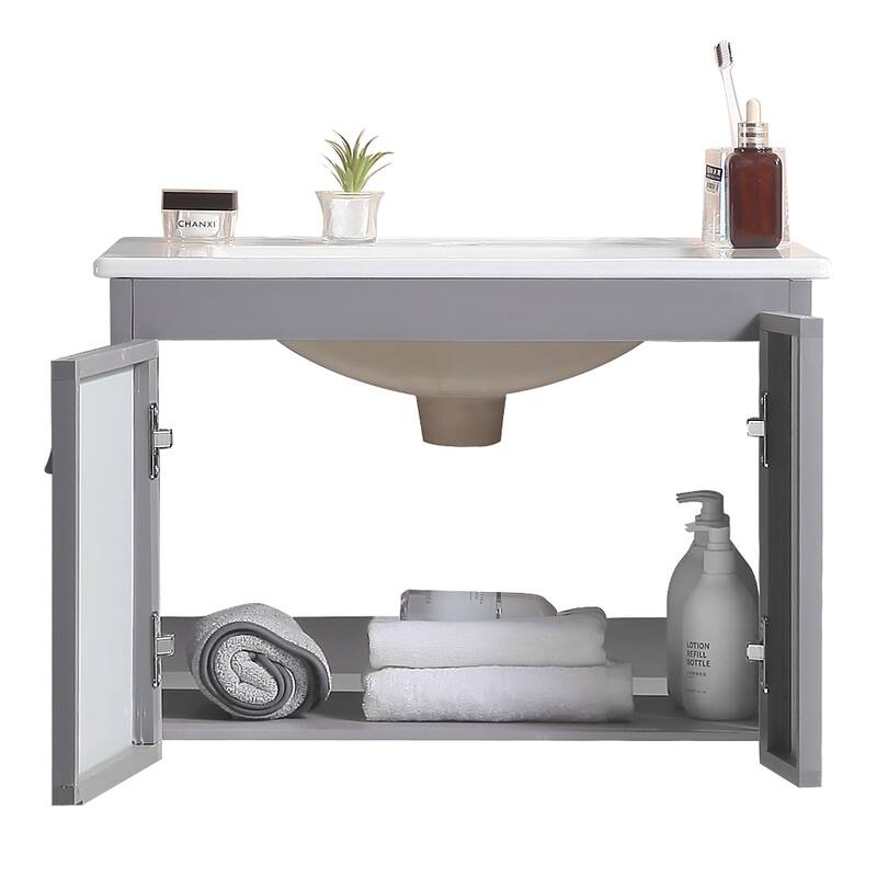 24 in. W x 19 in. D x 16 in. H Wall Mounted Bathroom Vanity with White Ceramic Sink,Soft Close Cabinet Doors