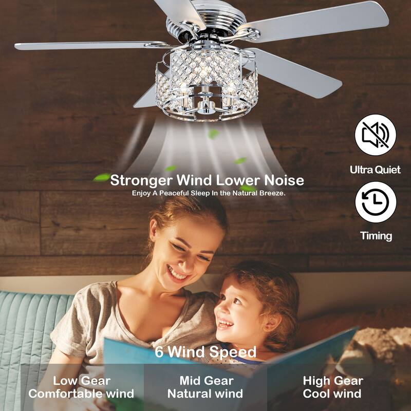 52in. Nickel 6-speed Reversible Crystal Ceiling Fan with Light and Remote - 52