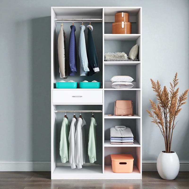 Freestanding Closet System Stand-Alone Wardrobe with 6 Open Shelves 1 Drawer and 2 Hanging Rods 74.8" Wood Closet Organizer