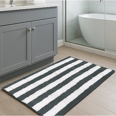 24"x16" - Charcoal Grey White Stripe Large Soft Cozy Plush Chenille Bath Mat Bathroom Rug