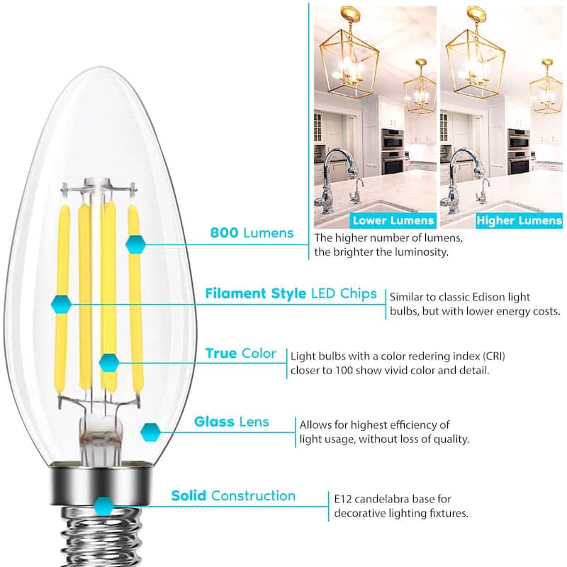 Luxrite Candelabra LED Light Bulbs 100W Equivalent 800 Lumens 7W B11 Dimmable Damp Rated UL Listed E12 6 Pack
