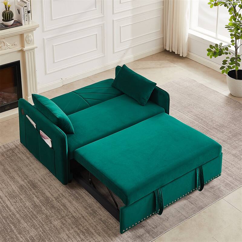 3-in-1 Soft Velvet Convertible Sleeper Sofa Bed w/ 2 Pillows, Usb Port