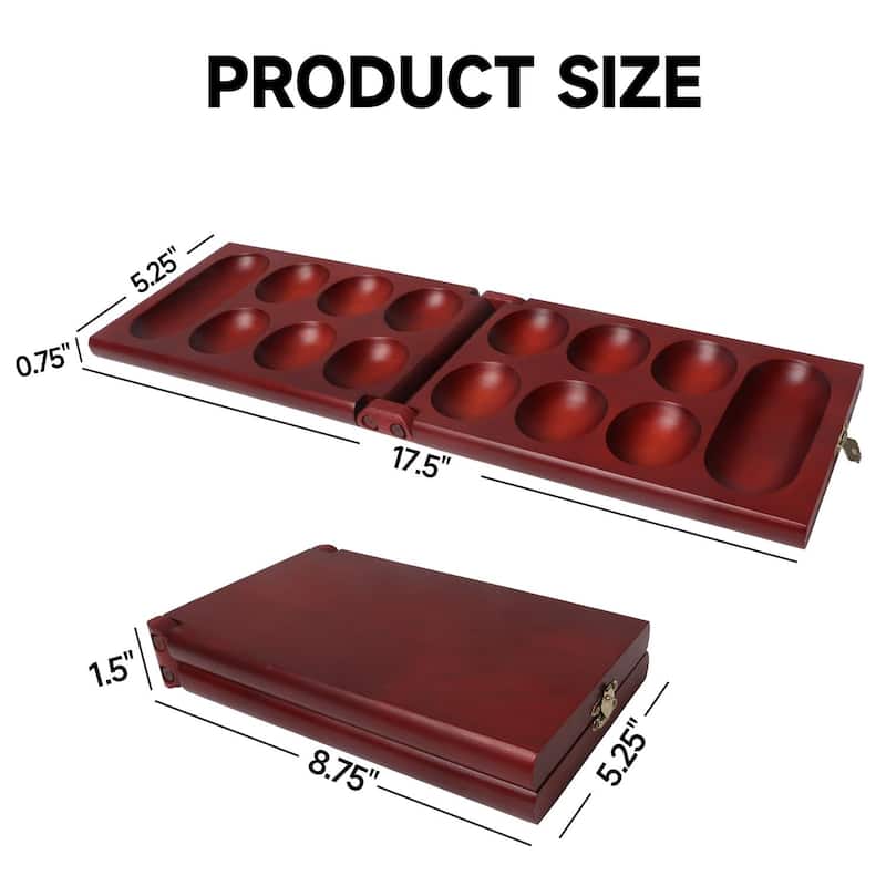 GSE™ Mahogany Folding Wooden Mancala Board Game with Multi-Color Glass Stones and Storage Bag