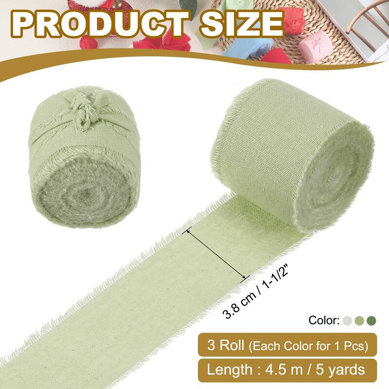 1-1/2"x15 Yd Handmade Fringe Cotton Ribbon Frayed Ribbons 3 Roll - 5Yd - Dust Green/Bamboo Green/Moss Green