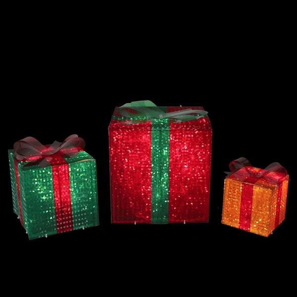 Shop Set Of 3 Lighted Glistening Gift Box And Bow Outdoor