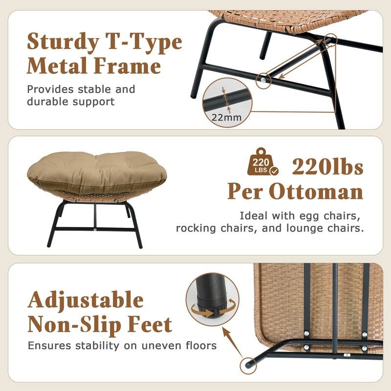 2-Piece Outdoor Wicker Ottomans with Cushions, Weather-Resistant Boho Patio Rattan Footrests for Garden, Porch, and Balcony