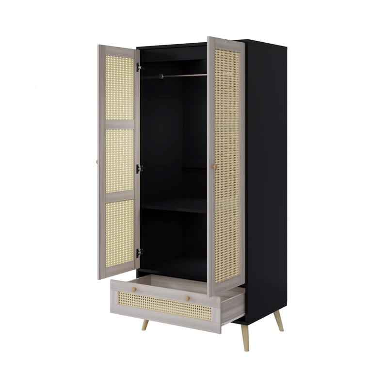 70"H Family 2-Door Wardrobe Armoires Closet Drawer Storage Rattan Style