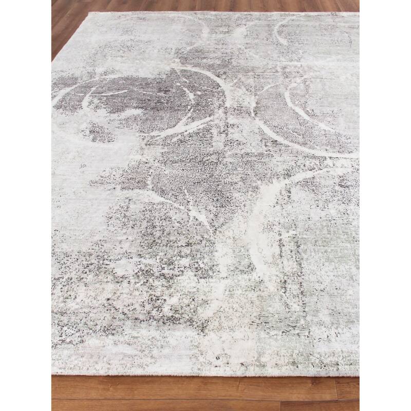 EXQUISITE RUGS Fine Pure Silk Hand-knotted Silk Grey/Ivory Area Rug.