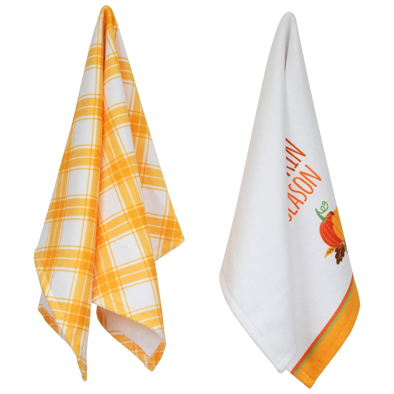 Hello Pumpkin Season and Plaid Fall Harvest Kitchen Tea Towels - 26" - Set of 2
