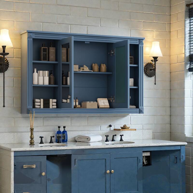 47 Inch Wall Mounted Bathroom Mirror Medicine Cabinet with Storage, Adjustable Shelf and Open Shelves