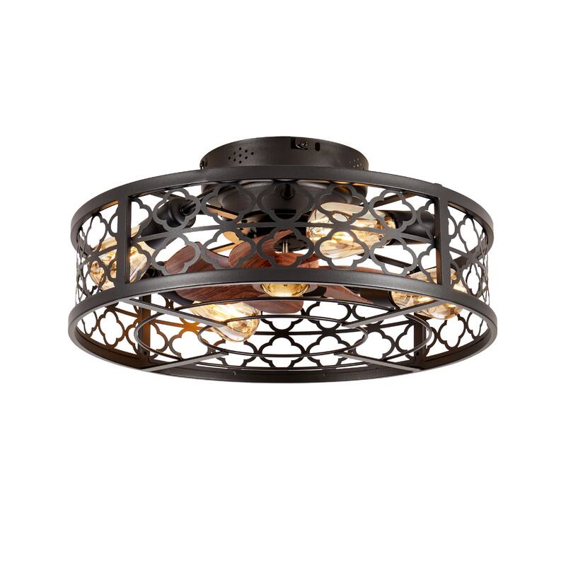 20" Flower Style Iron Ceiling Fans With Remote Control,Ceiling Fan 6 Speed Reversible with Remote Control,Flush Mount Caged - Matte Black