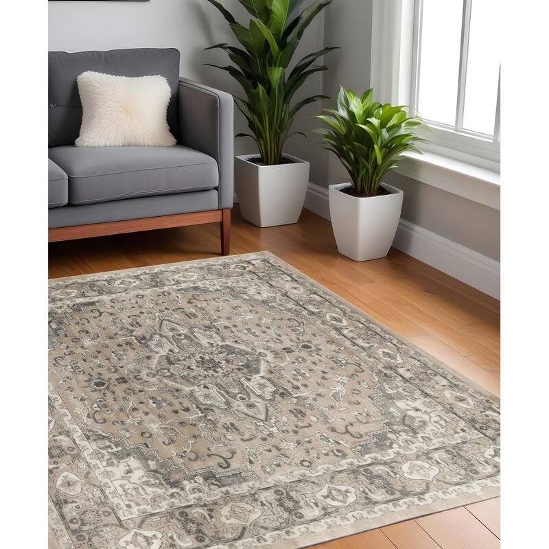 Makos Power Loomed Distressed Geometric Traditional Durable Area Rug By HomeRoots - 60' X '60' X '0.32 - 60' X '60' X '0.32 - Cream/Onyx - Square