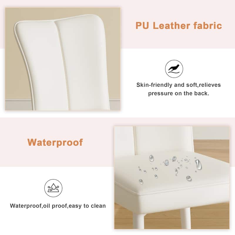 Minimalist White PU Leather Dining Chair Set of 2 w/ Curved Back & White Metal Chair Legs