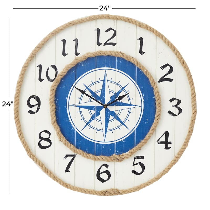 Wooden Compass Wall Clock with Rope Accents - Blue - Roche River Decor