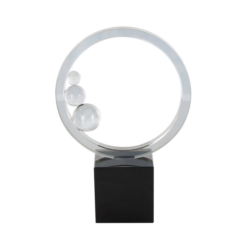 Clear Glass Ring Abstract Decorative Sculpture with Clear Orbs and Black Square Base