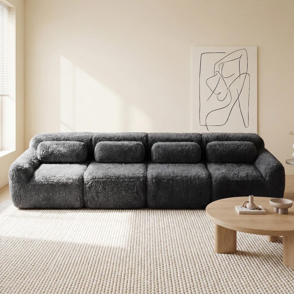 Homy Casa Modular Sectional Sofa, Dark Grey Plush Fabric with Non-Slip Base, No Assembly Living Room Couch with Pillows