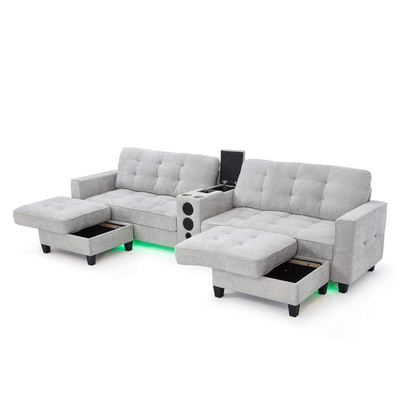126" U-Shaped Sectional Sofa with Storage Ottomans & Bluetooth Speakers - Modular Couch with LED Lights, Console