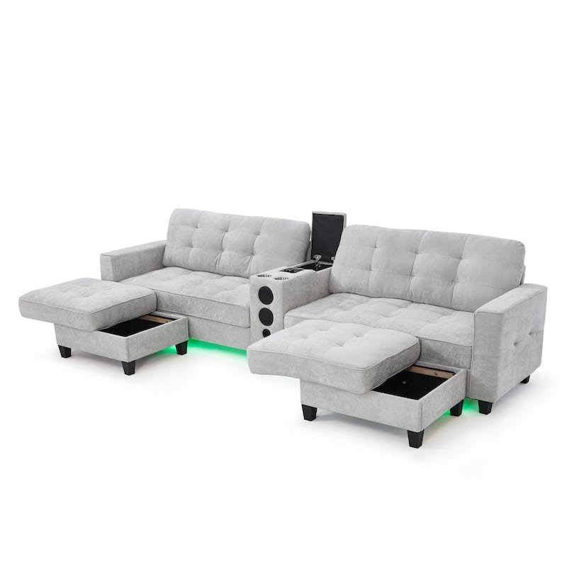 Modular U-shaped Sectional Sofa Couch with Movable Storage Ottomans, Multifunctional Console, Bluetooth Speakers and LED Lights