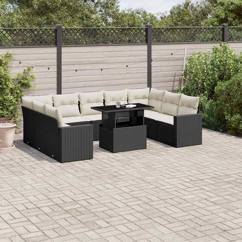 vidaXL Patio Sofa Set with Cushions Outdoor Furniture 10 Piece Poly Rattan - Black and Cream-without storage - 21.7 x 39.4 x 28.7