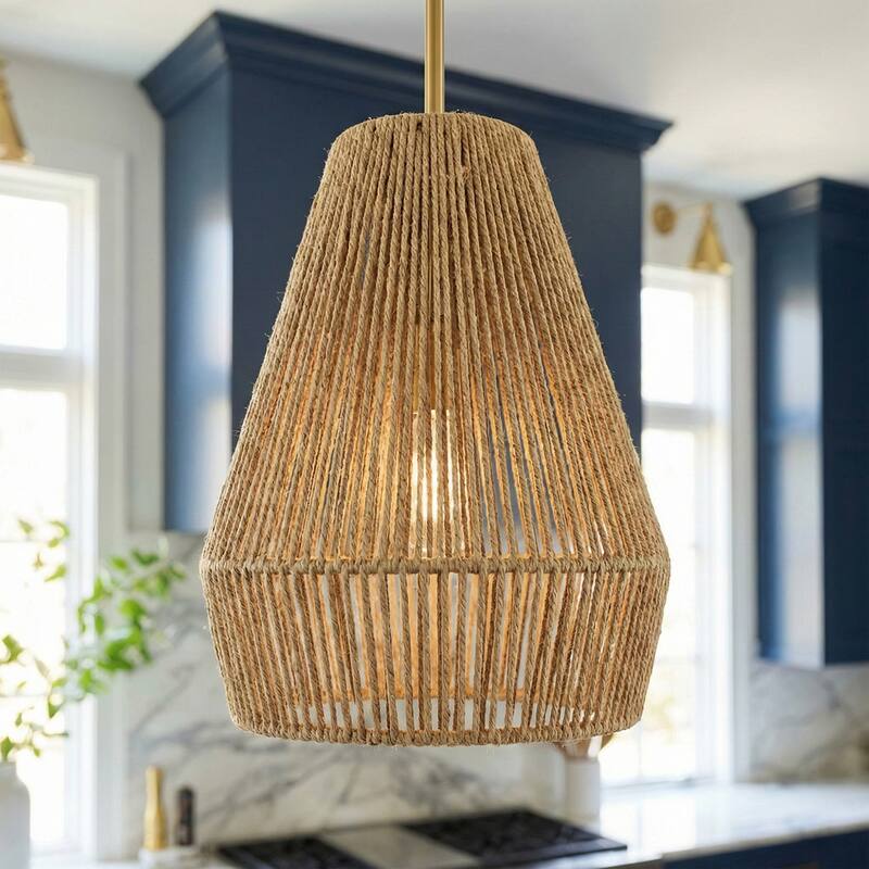 Acroma 1-light Farmhouse Coastal Boho Rattan Kitchen Island Pendant - 10'' D * 62'' H - Brass/ Natural