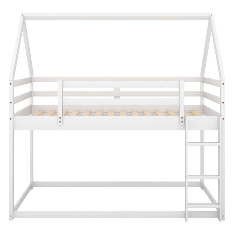 Twin Over Twin House Bunk Bed with Ladder, Low Bunk Design - White