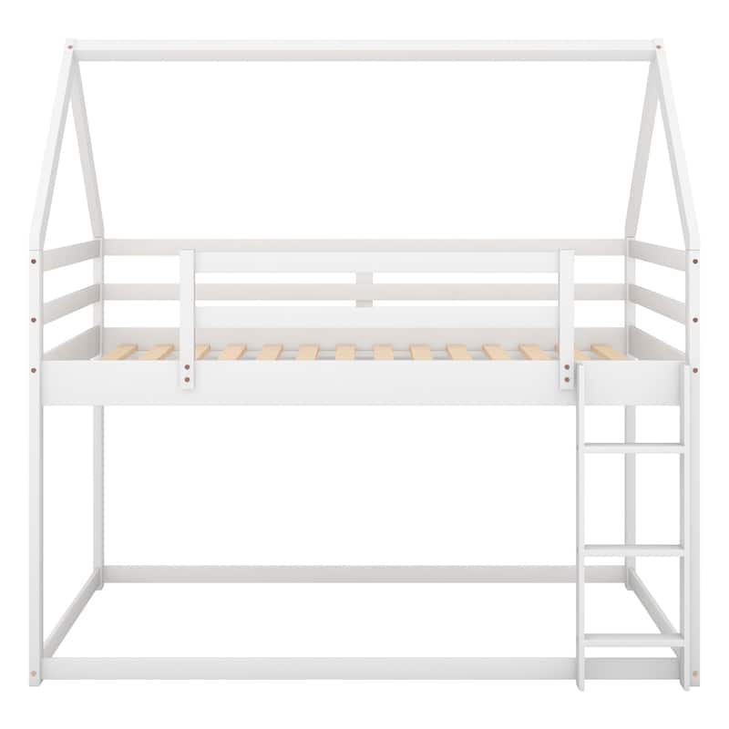 White Twin Over Twin Low Bunk Bed with House Frame and Ladder