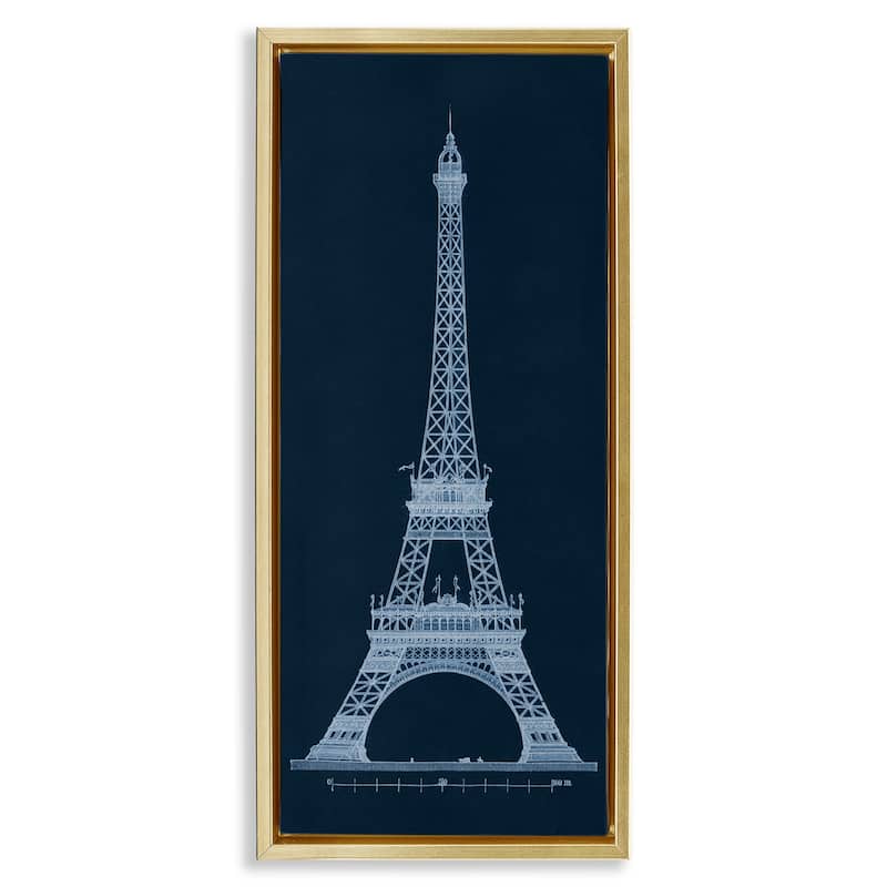 Stupell White Parisian Tower on Blue Framed Floater Canvas Wall Art Design By Phillipa Katz - 11 x 25 - Gold