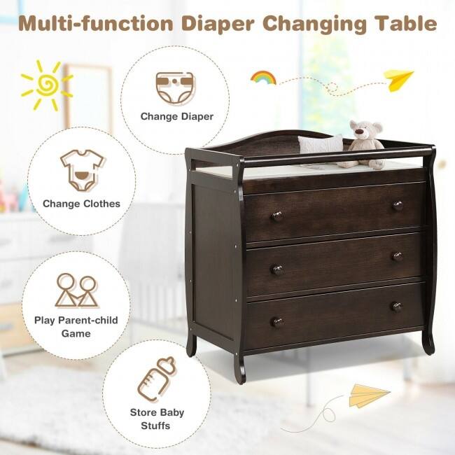 Baby Changing Table Infant Diaper with 3 Drawers and Safety Belt-Brown - 35.5" x 23" x 39" (L x W x H)