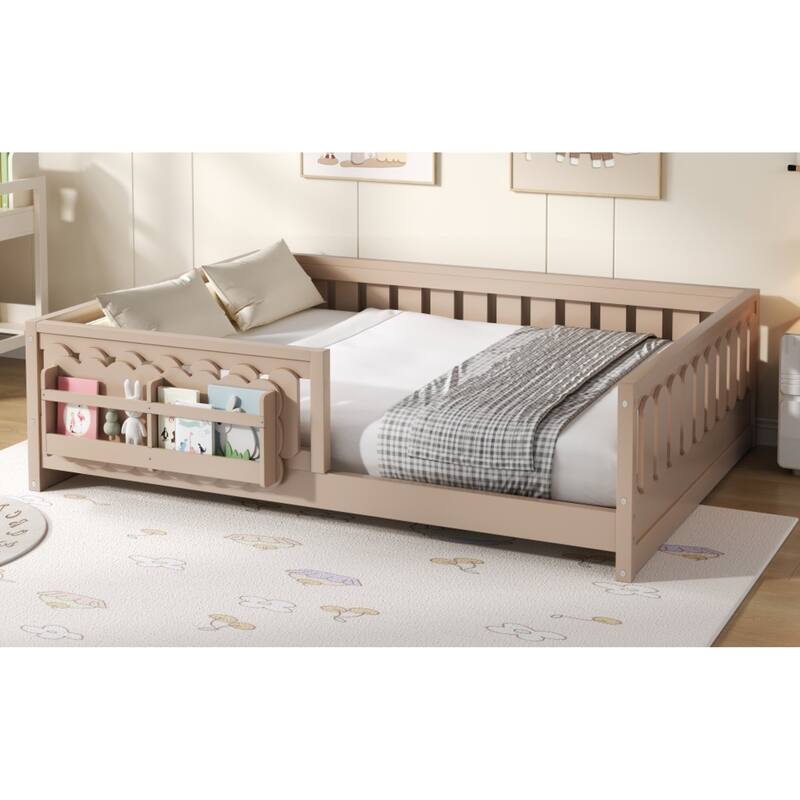 Roomfitters Full Size Wood Platform Bed with Guardrail and 2 Bookshelves