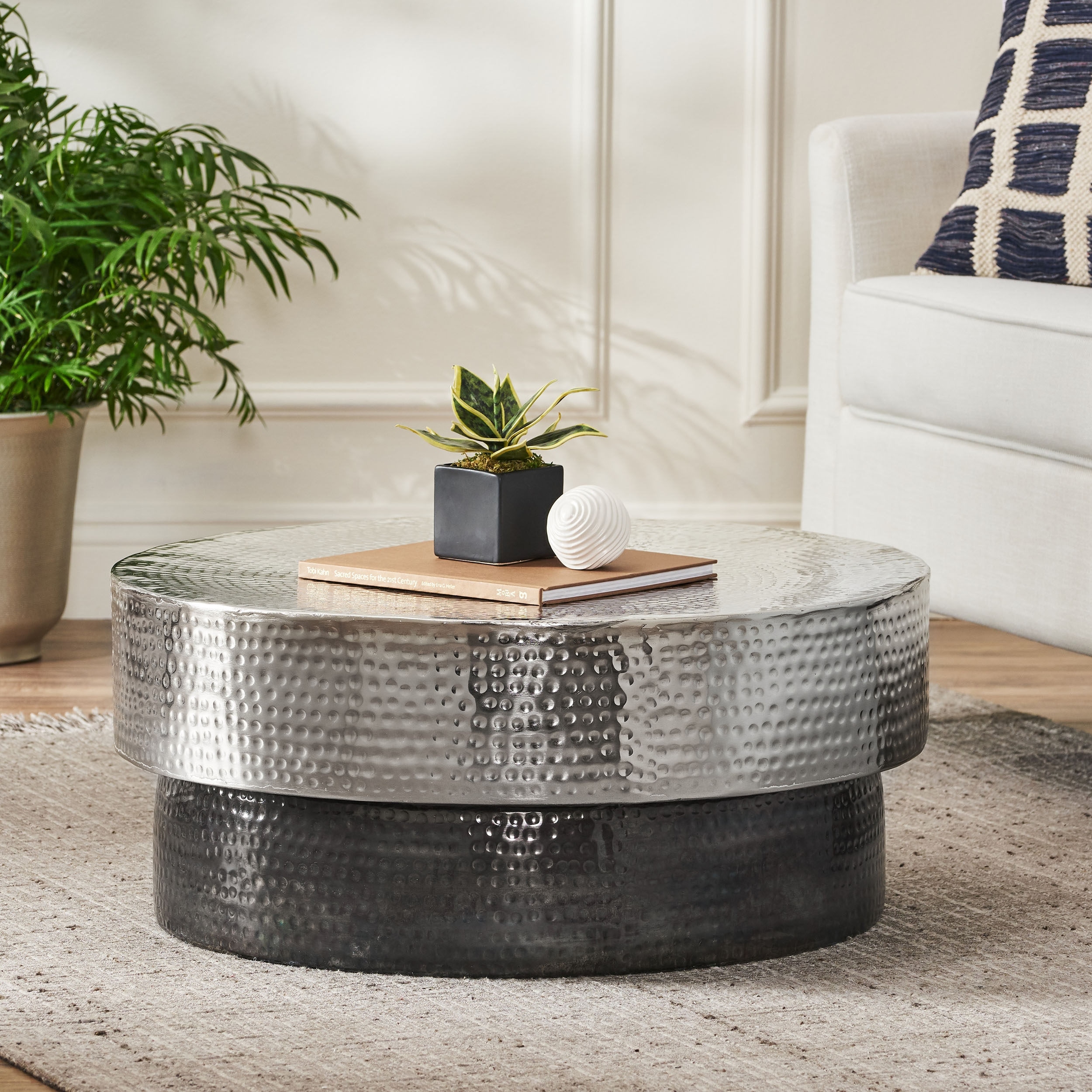 Hammered silver round coffee table discount