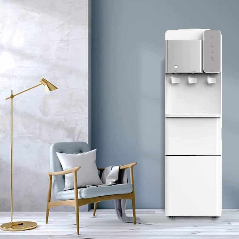 Modern White Hot and Cold Water Cooler Dispenser with Built-in Ice Maker