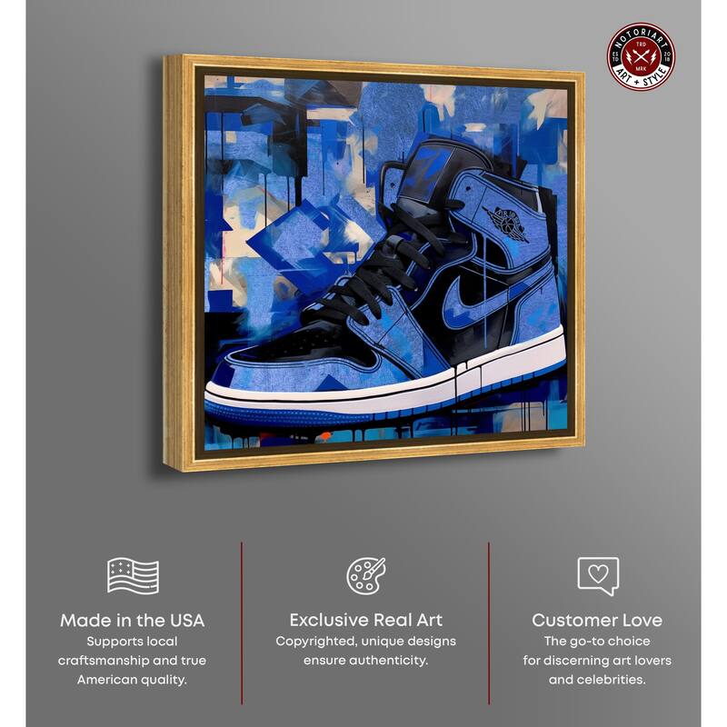 Notoriart Blue Brush Sneakers Framed Sneaker 1 Piece Canvas Wall Art