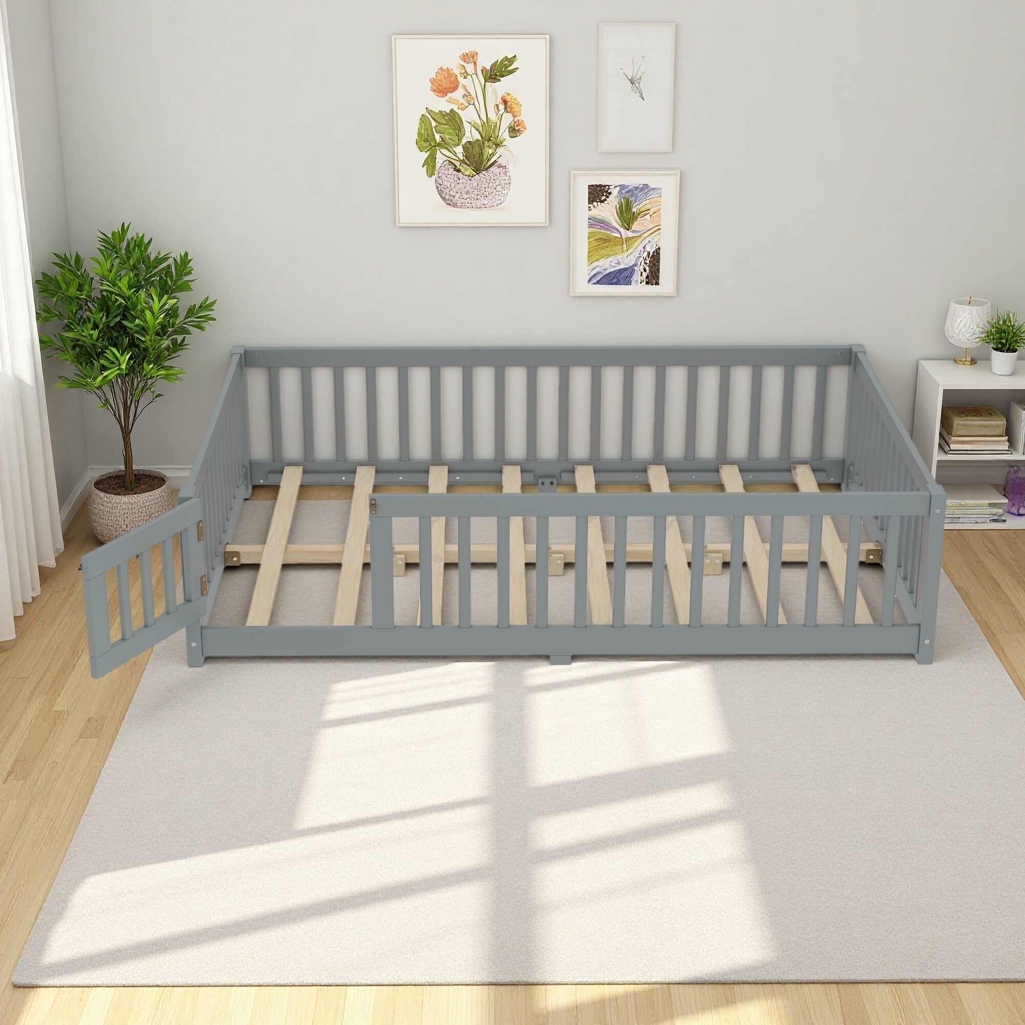 Full Pine Floor Bed with Guardrails & Door for Kids