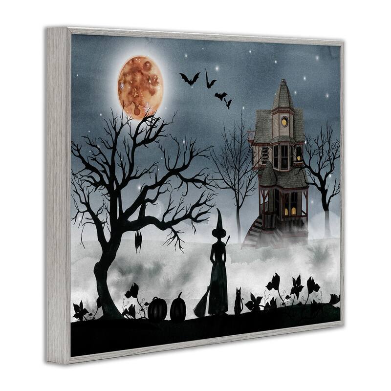 Stupell Halloween Witch Silhouette in Full Moon Haunted House Scene Grey Framed, 16 x 20, Proudly Made in USA