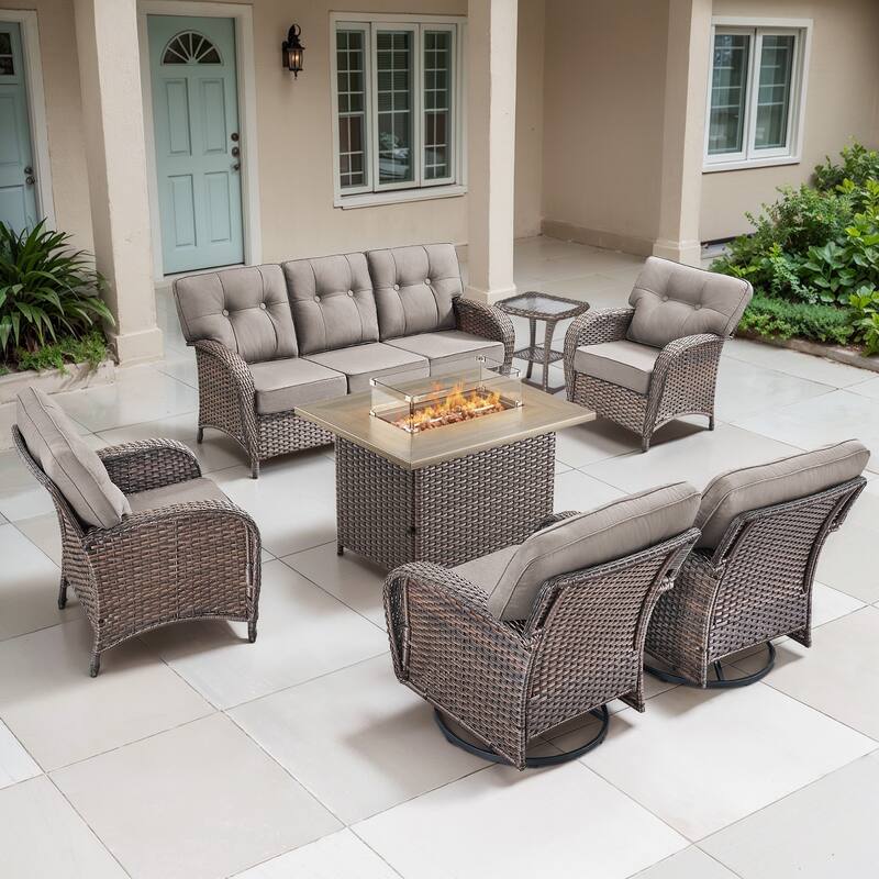 TWrap Wicker Patio Fire Pit Conversation Set with 3-Seat Sofa & Swivel Gliders & Armchairs